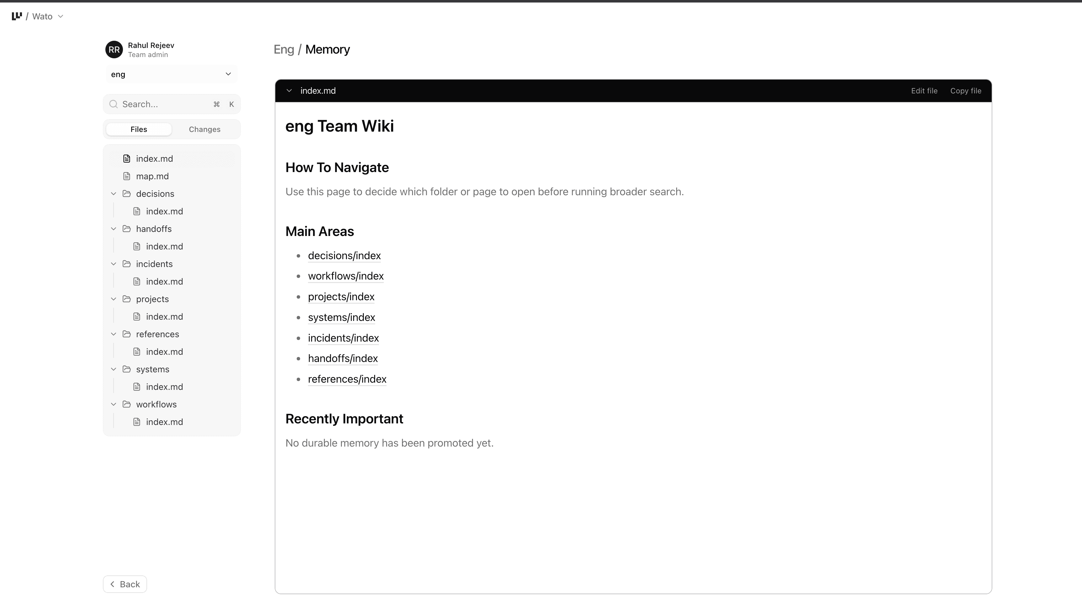 The Team Memory page, with the file tree and Markdown reader/editor