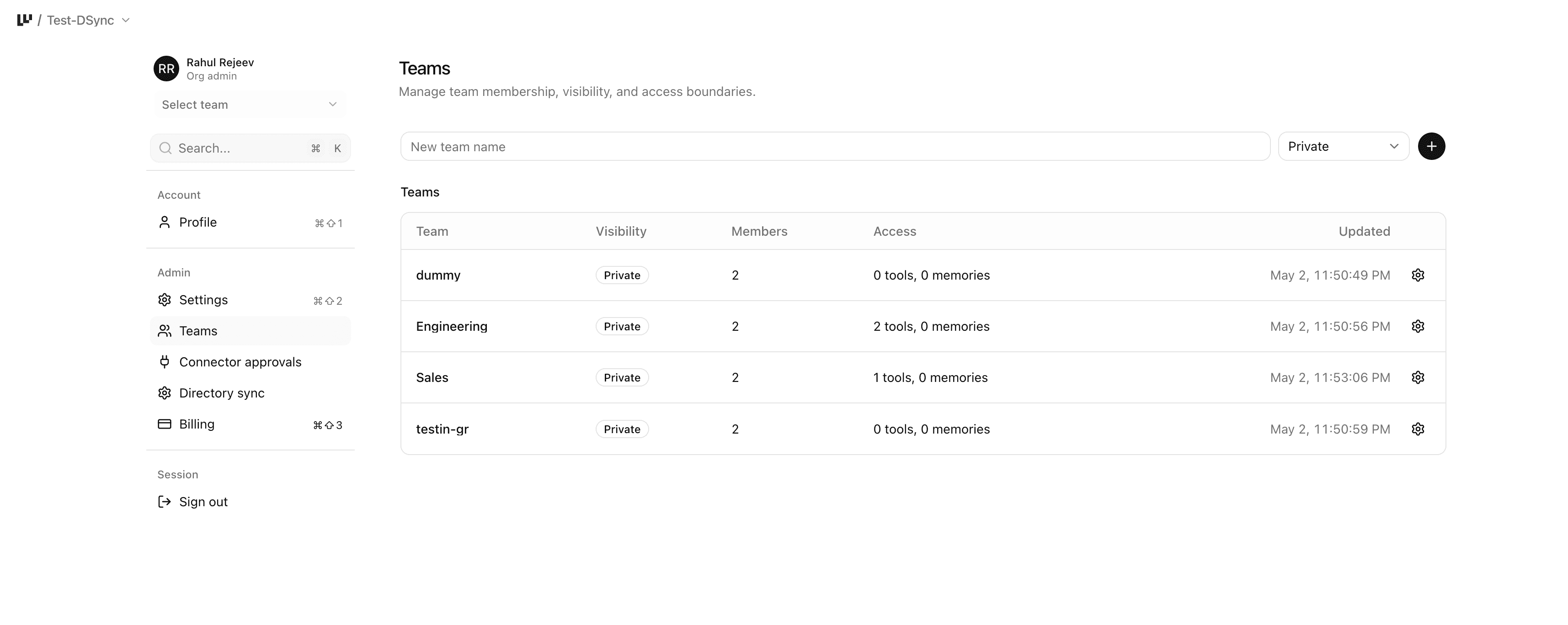 The Admin Teams page